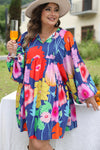 Colorful Floral V Neck Balloon Sleeve Plus Size Babydoll Dress