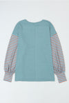 Green Colorblock Striped Bishop Sleeve Top with Side Slits