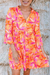 Short Dresses Orange Abstract Print V Neck Ruffle Bell Sleeve Mini Tiered Dress.