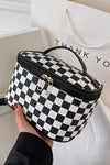 Black Checkered Zipper Large Cosmetic Bag with Handle