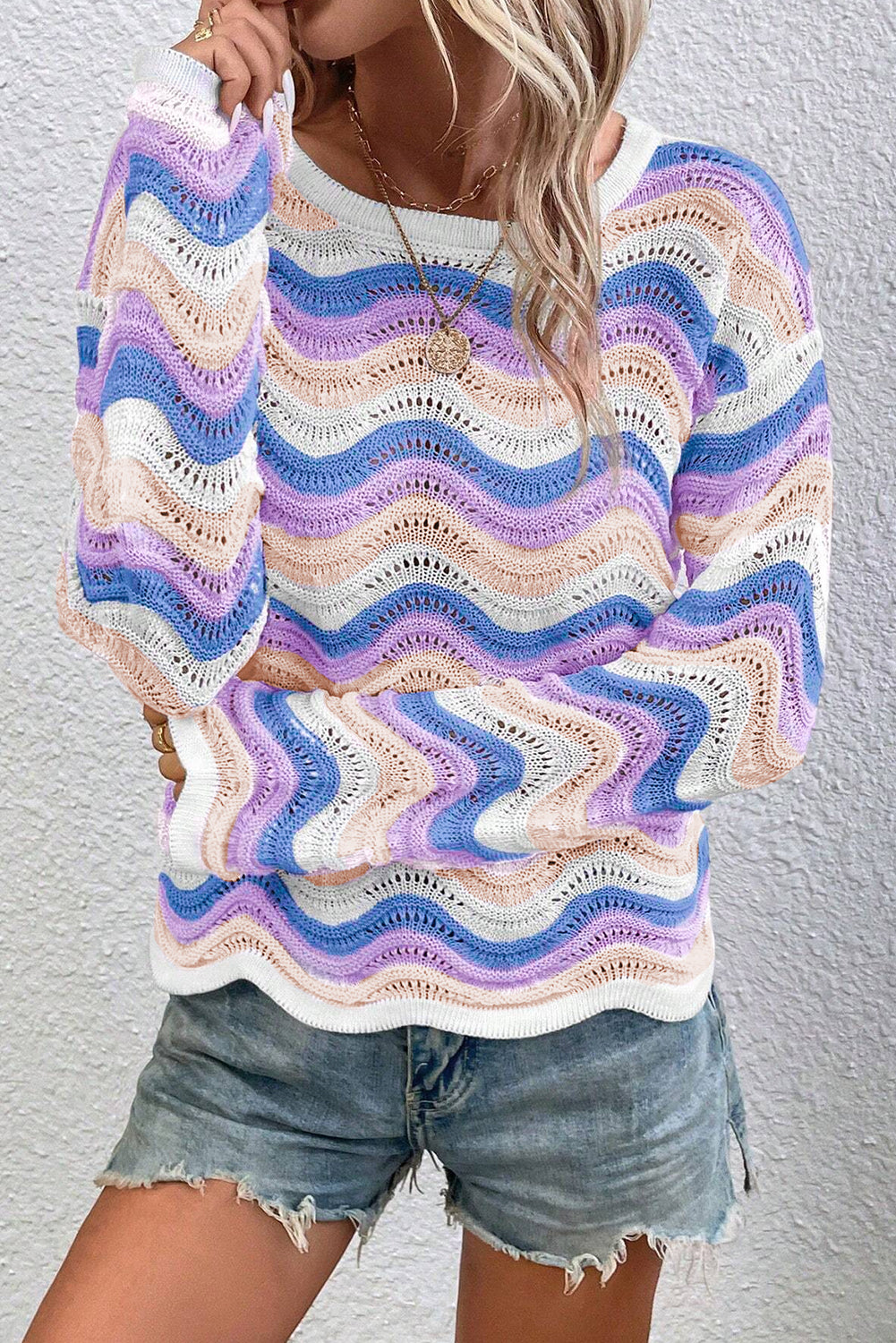 Purple Stripe Wavy Pointelle Knit Drop Shoulder Sweater