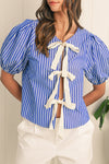 Blue Stripe Bow Tie Front Puff Short Sleeve Blouse