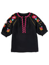 Black Floral Embroidered Ricrac Puff Sleeve Textured Blouse