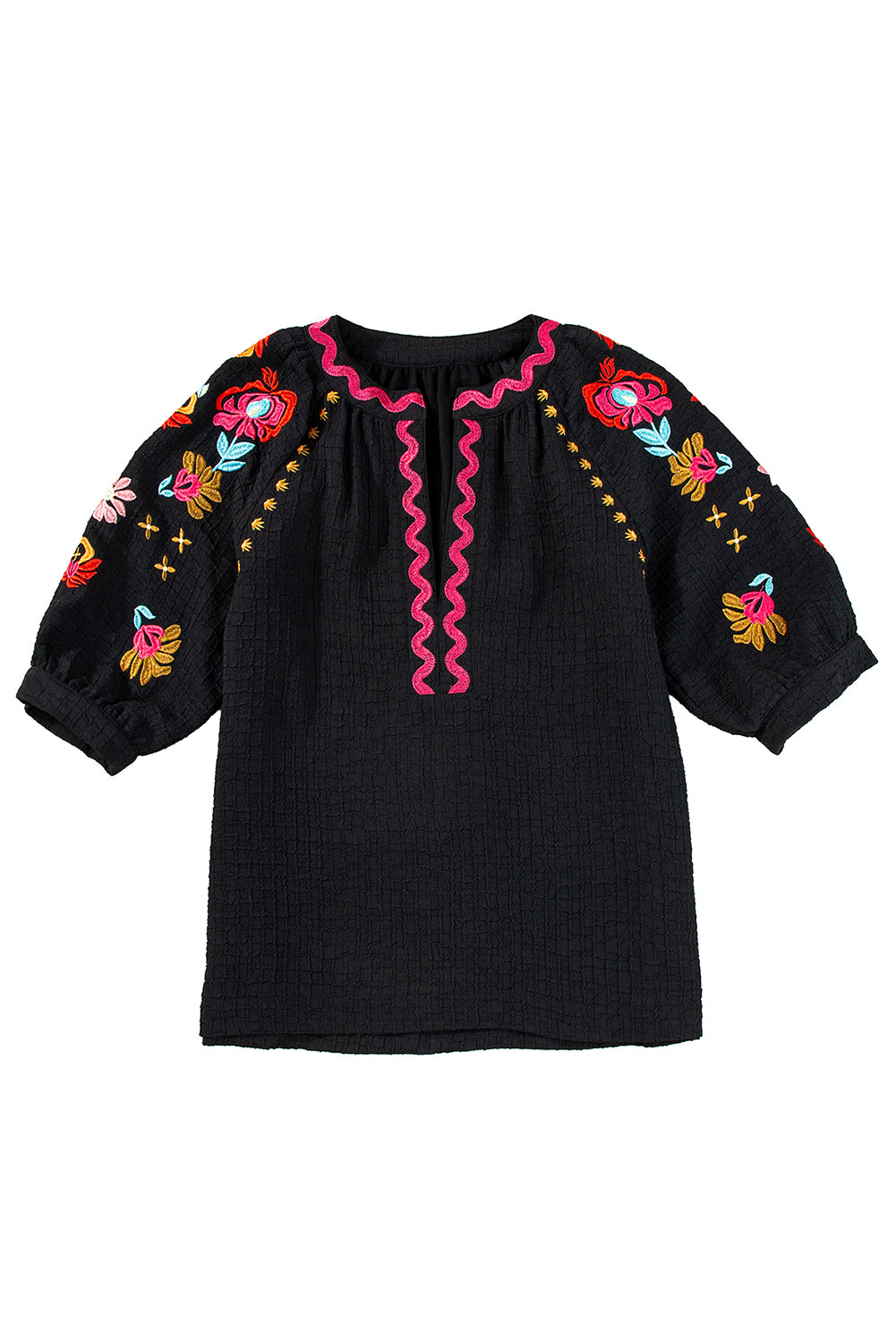 Black Floral Embroidered Ricrac Puff Sleeve Textured Blouse