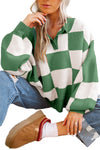 Mist Green Checkered V-Neck Collared Pullover Sweater