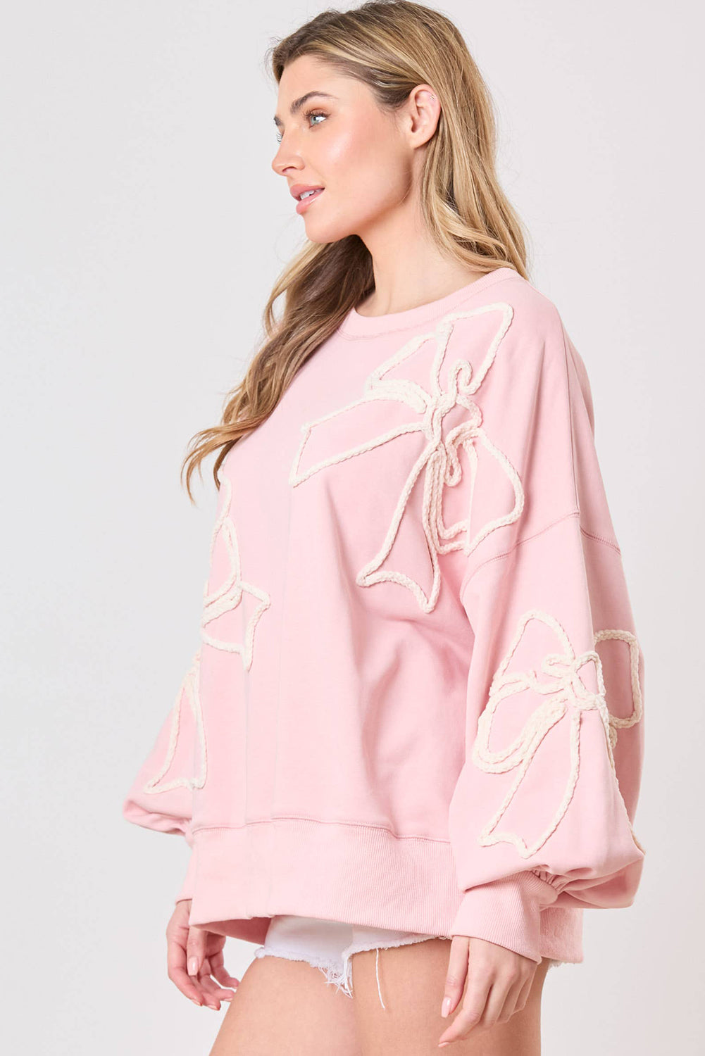 Light Pink Flower Pattern Drop Shoulder Loose Sweatshirt