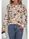 Khaki Allover Floral Print Crew Neck Long Sleeve Top