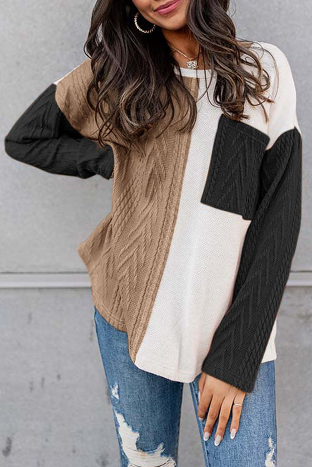 Orange Long Sleeve Colorblock Chest Pocket Textured Knit Top