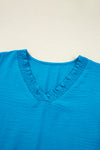 Moonlight Jade Frill V Neckline Puff Sleeve Crinkled Blouse