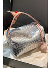 Silvery Lattice Texture Corded Ball Decor Weaven Handle Cosmetic Bag