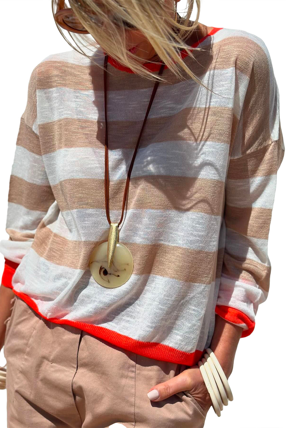 Apricot Colorblock Striped Round Neck Drop Shoulder Sweater