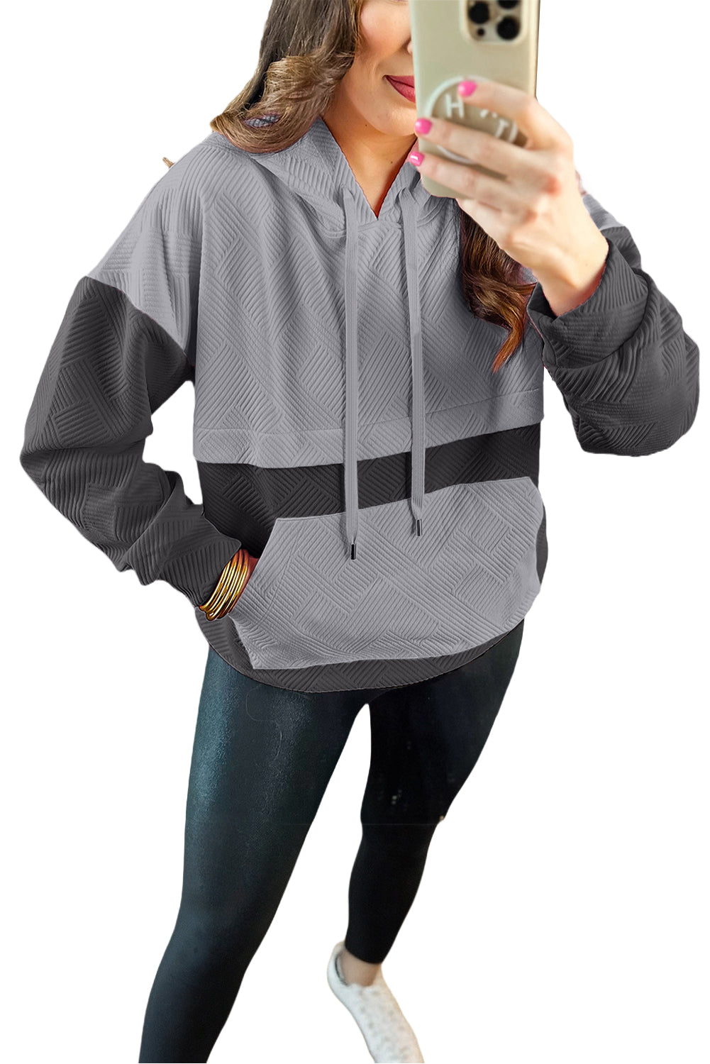 Gray Textured Patchwork Kangaroo Pocket Drop Shoulder Hoodie