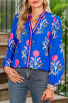 Blue Floral Print Pop Of Color V Neck Puff Sleeve Blouse