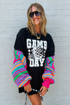 Black GAME DAY Checkerboard Rugby Helmet Printed Tunic T Shirt - Cocoa Yacht Club