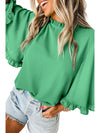 Green Frilly Round Neck Wide Half Sleeve Blouse