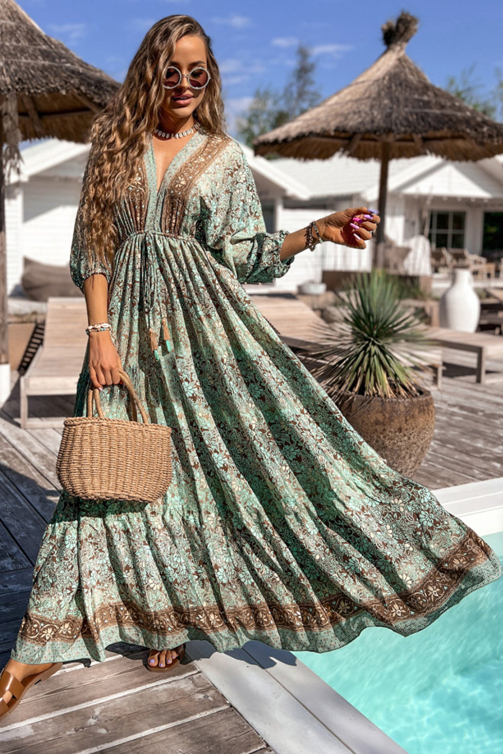 Green Boho Floral Print Backless Drawstring High Waist Maxi Dress