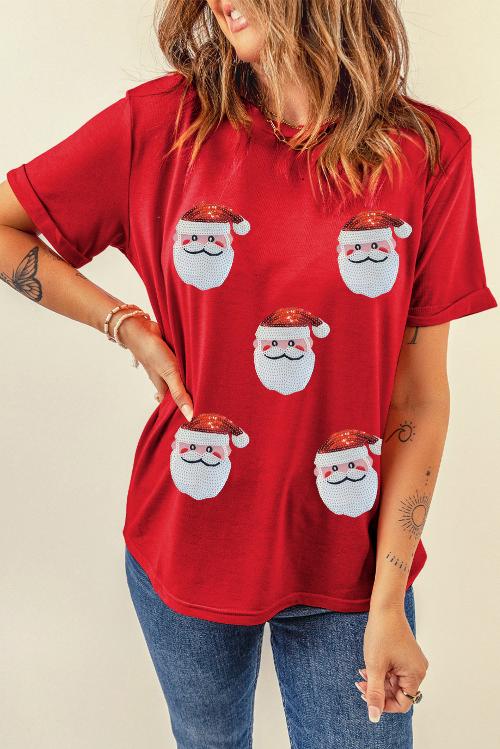 Red Sequin Christmas Claus Pattern Crewneck T Shirt