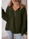 Smoke Green Half Zipper Kangaroo Pockets Drop Shoulder Hoodie