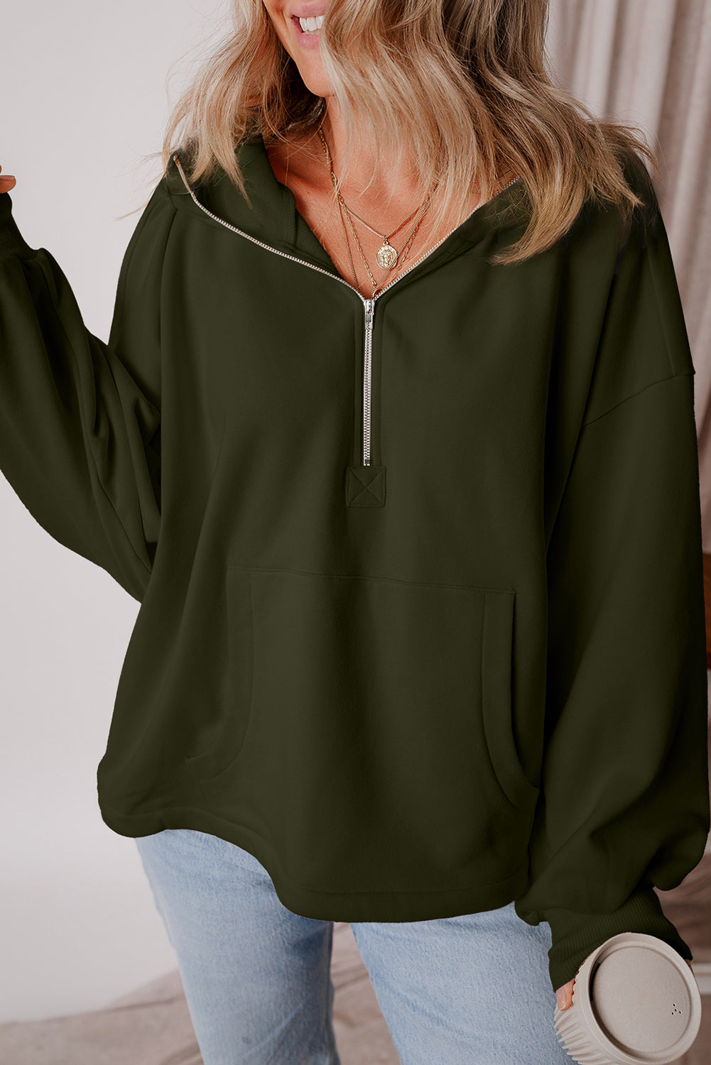 Smoke Green Half Zipper Kangaroo Pockets Drop Shoulder Hoodie