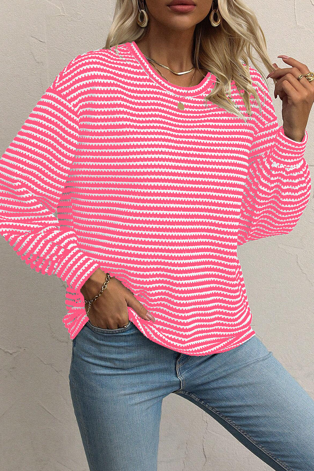 Black Striped Round Neck Drop Shoulder Long Sleeve Top