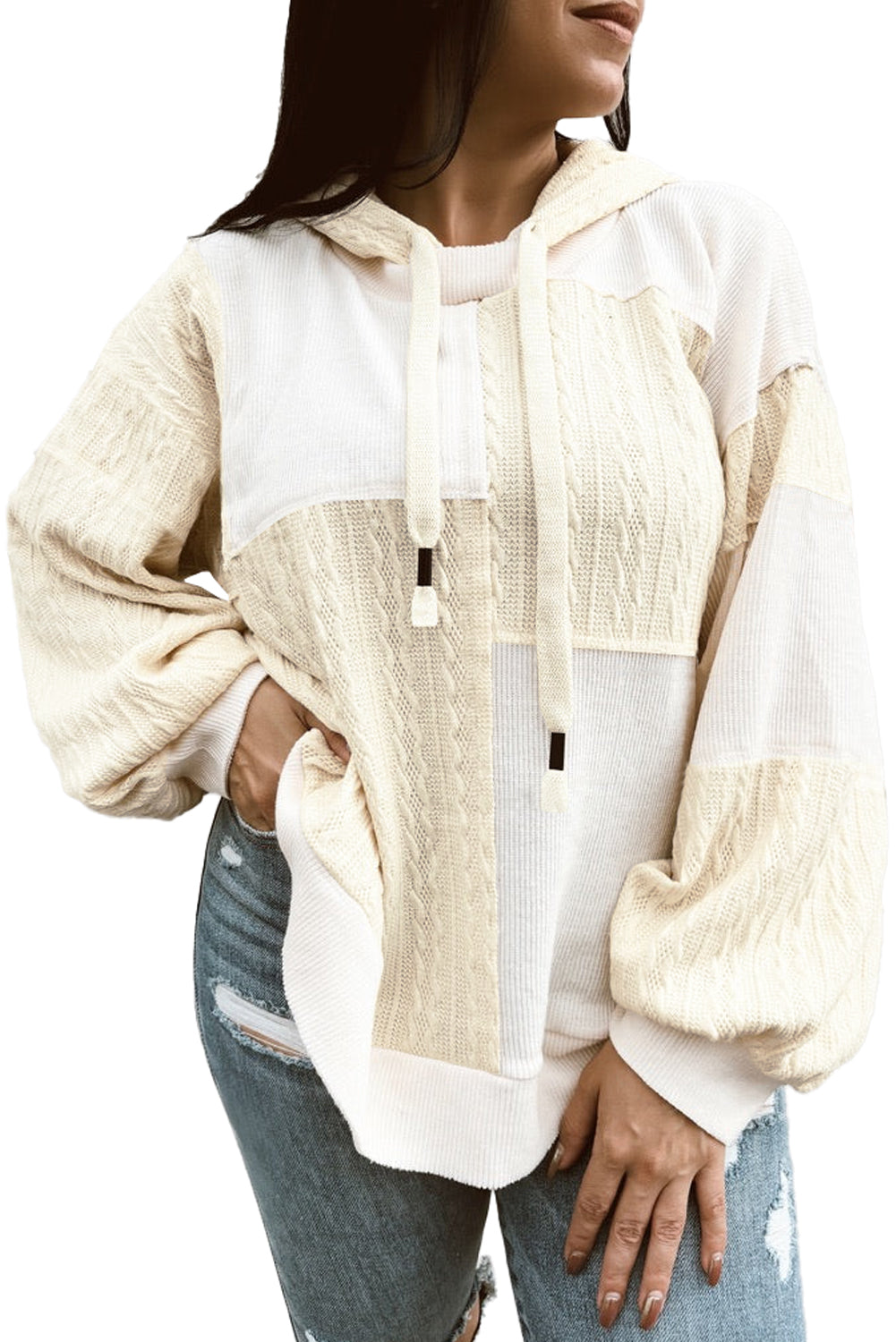 Beige Waffle Textured Patchwork Exposed Seam Plus Size Hoodie