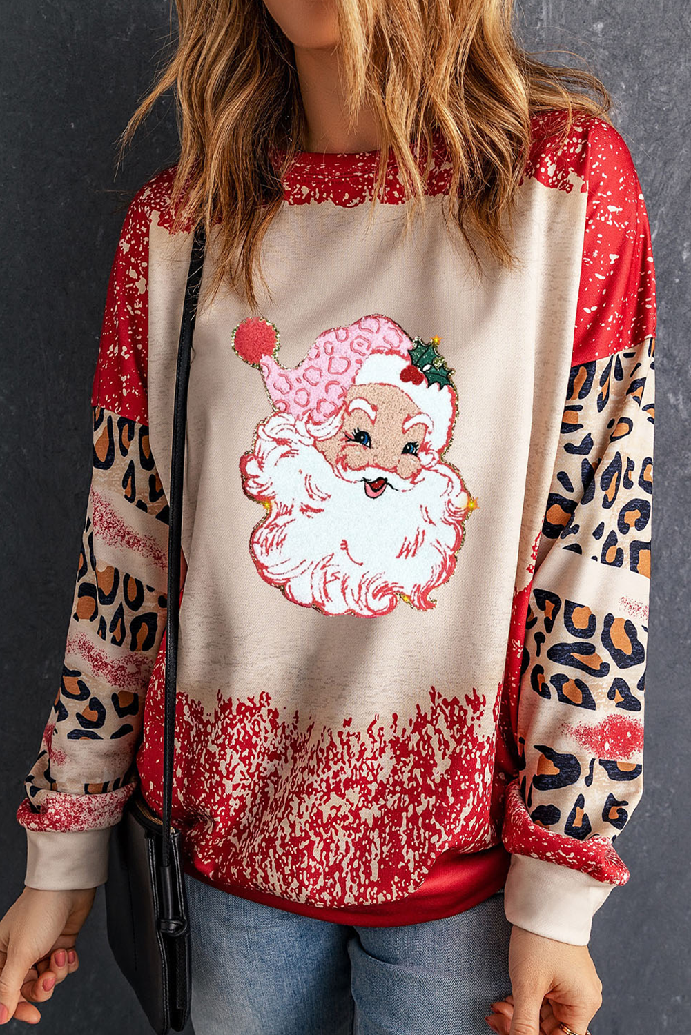 Red Shiny Santa Claus Leopard Sleeve Round Neck Sweatshirt