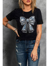 Black Rhinestone Bowknot Graphic Crewneck T Shirt