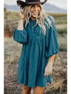 Light Blue Snap Button Empire Waist Lantern Sleeve Corduroy Dress