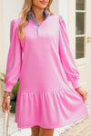 Pink Striped Collar Long Sleeve Ruffle Hem Dress