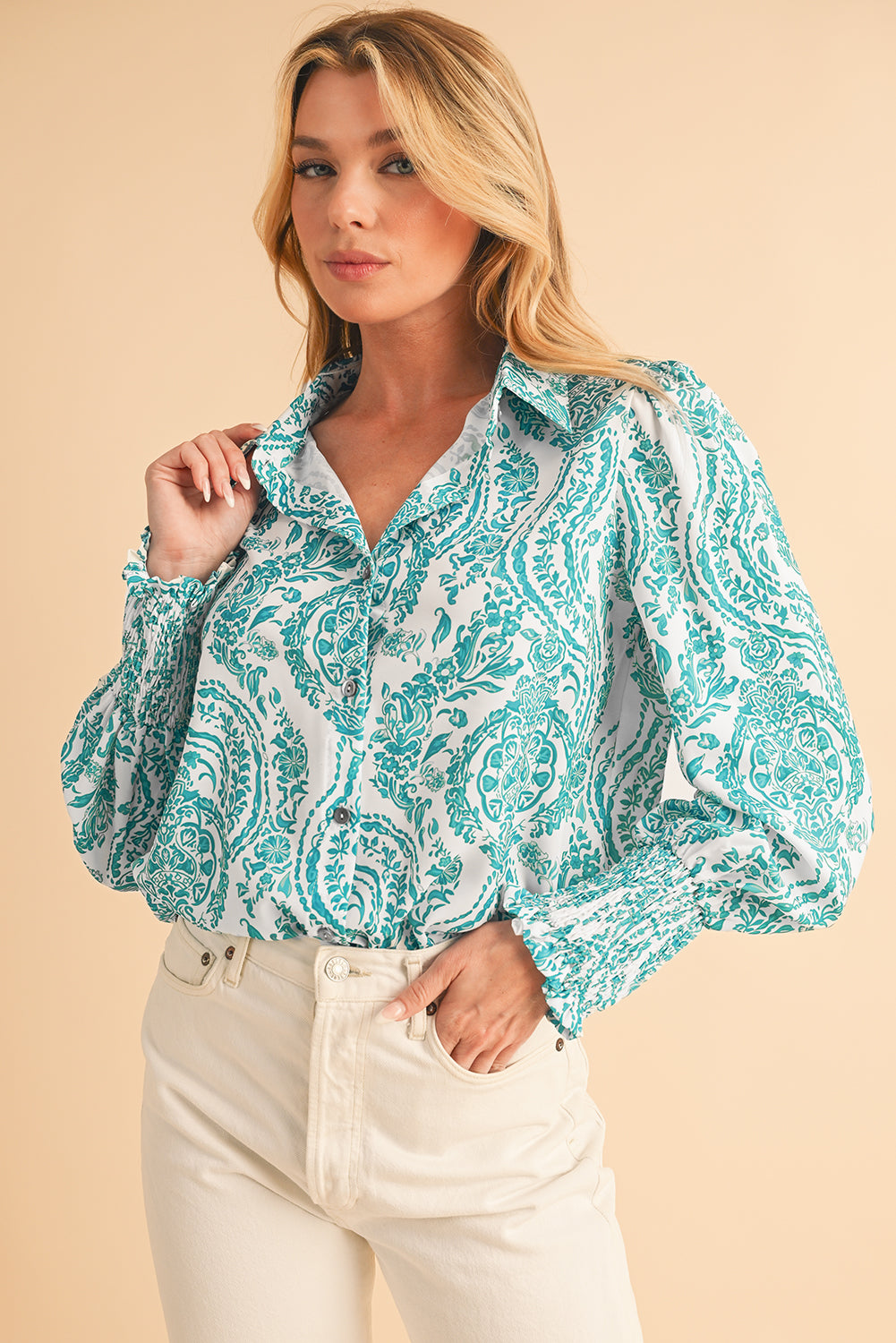 Green Paisley Print Smocked Cuffs Buttoned Loose Shirt