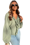 Meadow Mist Green Bow Tie Front Ruffle Trim V Neck Long Sleeve Blouse