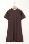 Dark Brown Contrast Lace Raglan Sleeve Pleated Detail Shift Dress