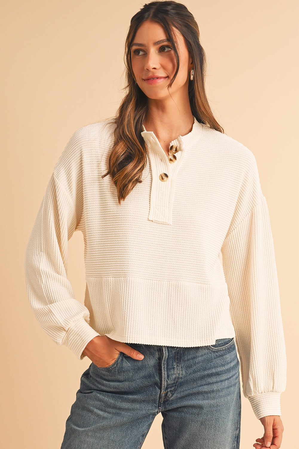 Apricot Textured Lantern Sleeve Henley Top