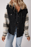 Black Patchwork Plaid Sleeve Frayed Hem Hooded Denim Jacket