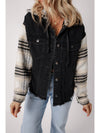 Black Patchwork Plaid Sleeve Frayed Hem Hooded Denim Jacket