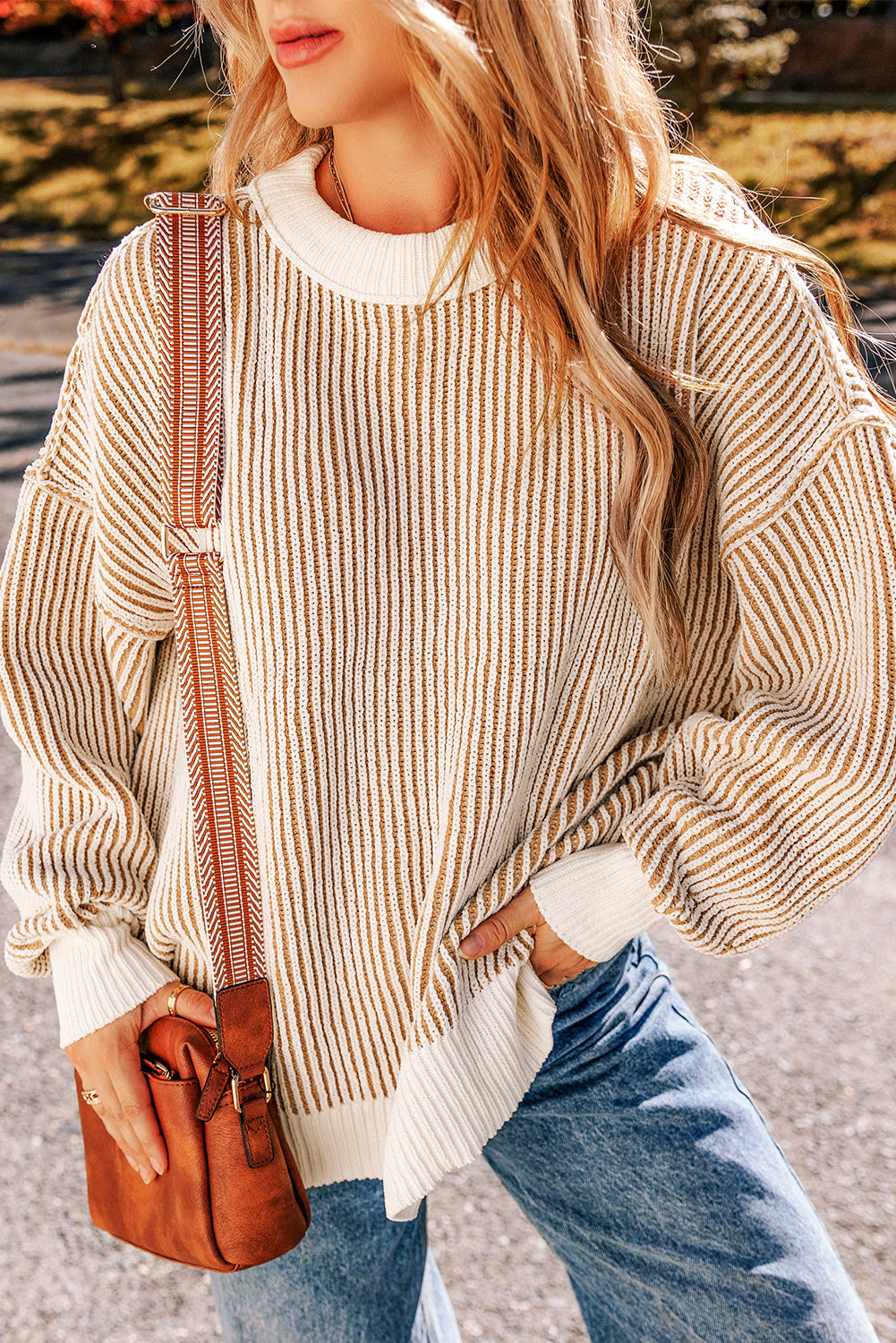 Bright Pink Striped Contrast Trim Loose Sweater