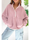 Fushia High Collar Long Sleeve Pocket Pullover Sweatshirt