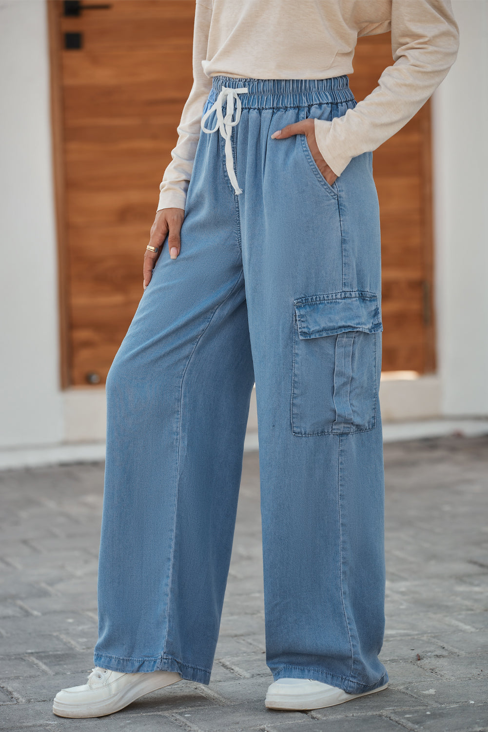 Sky Blue Drawstring High Waist Cargo Pocket Wide Leg Jeans