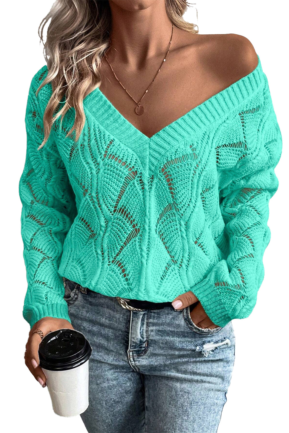 Mint Green Hollow Out Knit V Neck Drop Shoulder Sweater