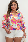 Rose Red Floral Puff Sleeve Notched Neck Plus Blouse