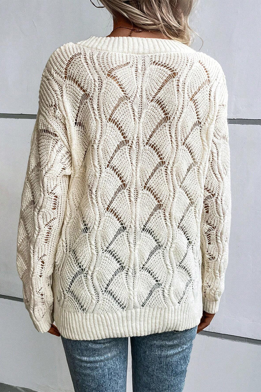 Sweaters Beige Knit Hollow Out V Neck Drop Shoulder Sweater.