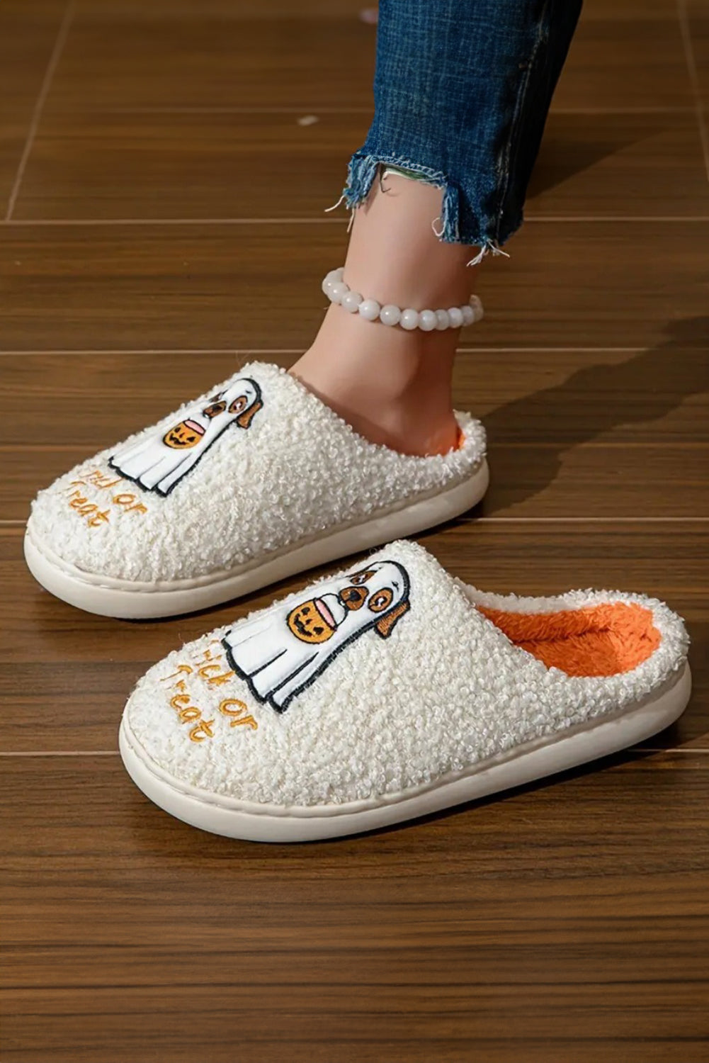 White Cute Trick Or Treat Pattern Plush Winter Home Slippers