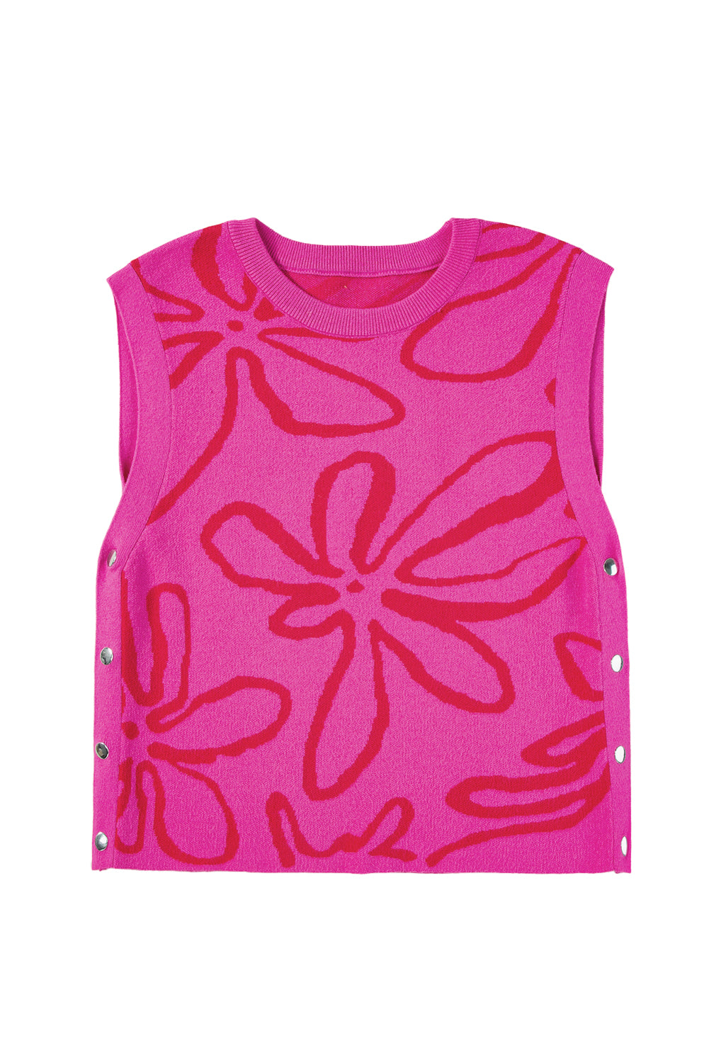 Bright Pink Side Buttons Sleeveless Floral Knitted Top