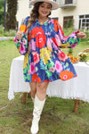 Colorful Floral V Neck Balloon Sleeve Plus Size Babydoll Dress