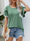 Pom-Pom Trim Flutter Sleeve Round Neck T-Shirt - Cocoa Yacht Club