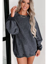 Pink Solid Ribbed Round Neck Pullover Sweatshirt