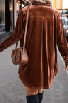 Coffee Plus Size V Neck Collared Pleated Back Rounded Hem Velvet Dress