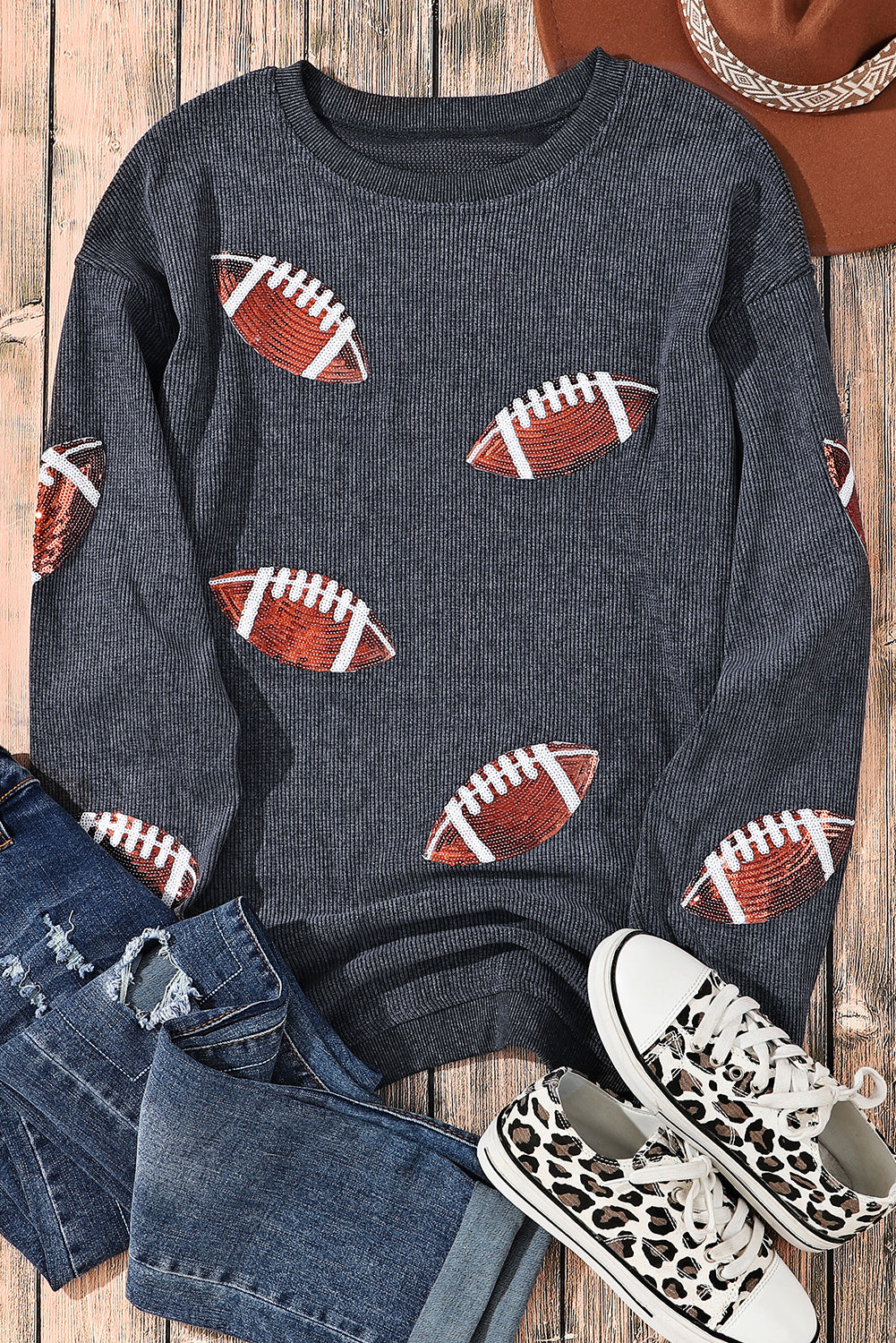 Green Sequin Rugby Graphic Corded Baggy Sweatshirt