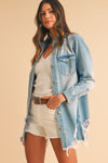 Beau Blue Light Wash Distressed Frayed Long Denim Jacket