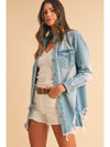 Sky Blue Light Wash Distressed Frayed Long Denim Jacket